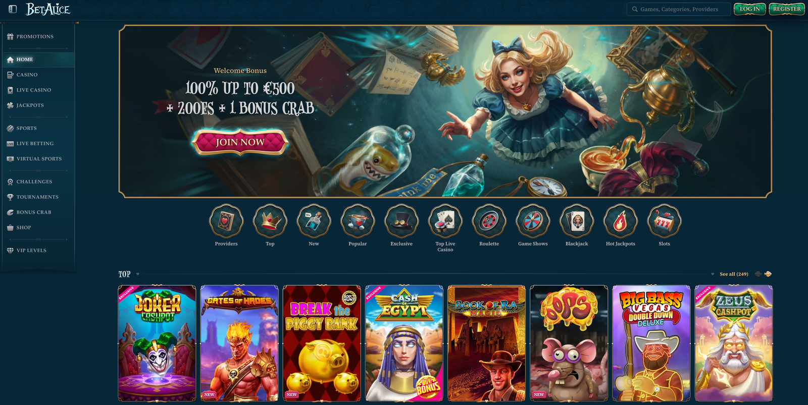 BetAlice Casino Homepage