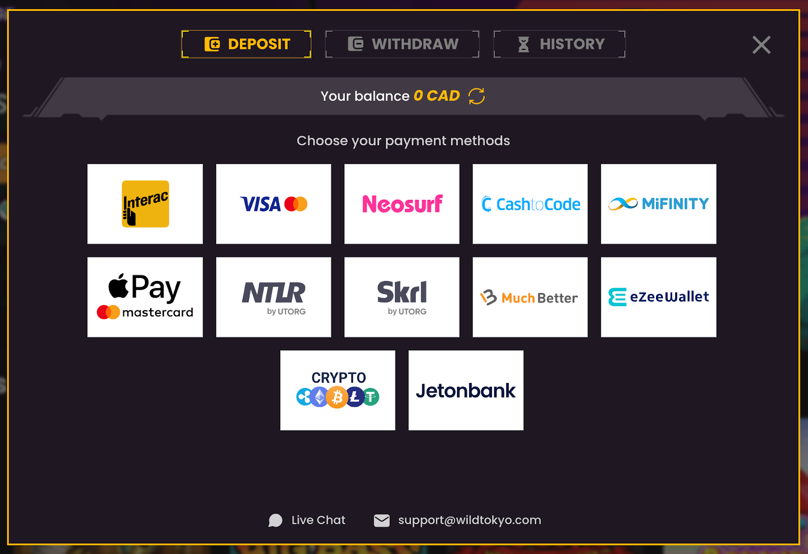 WildTokyo Casino Payment Methods